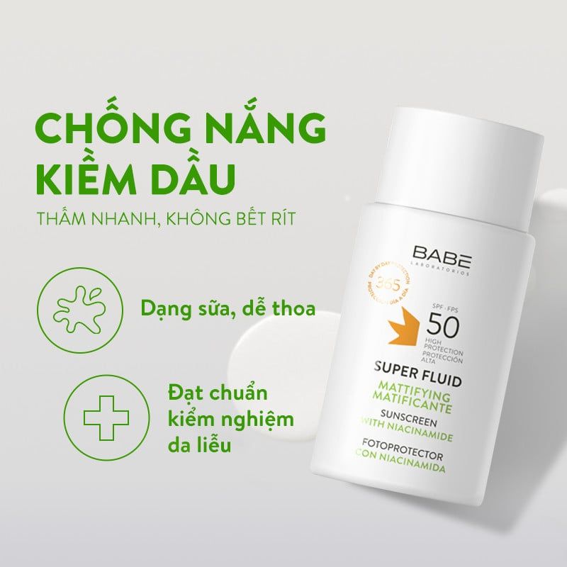 Kem Chống Nắng BABE Super Fluid Mattifying Sunscreen SPF 50 phổ rộng, kiểm soát dầu 50ml