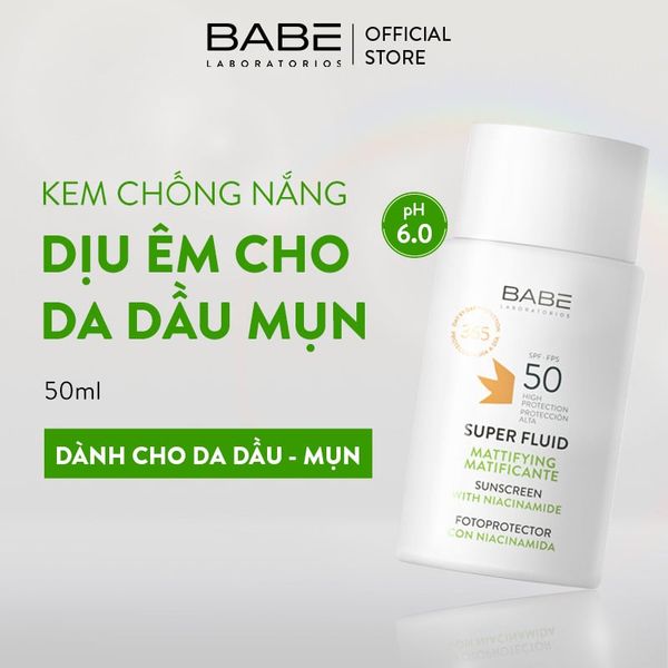 Kem Chống Nắng BABE Super Fluid Mattifying Sunscreen SPF 50 phổ rộng, kiểm soát dầu 50ml