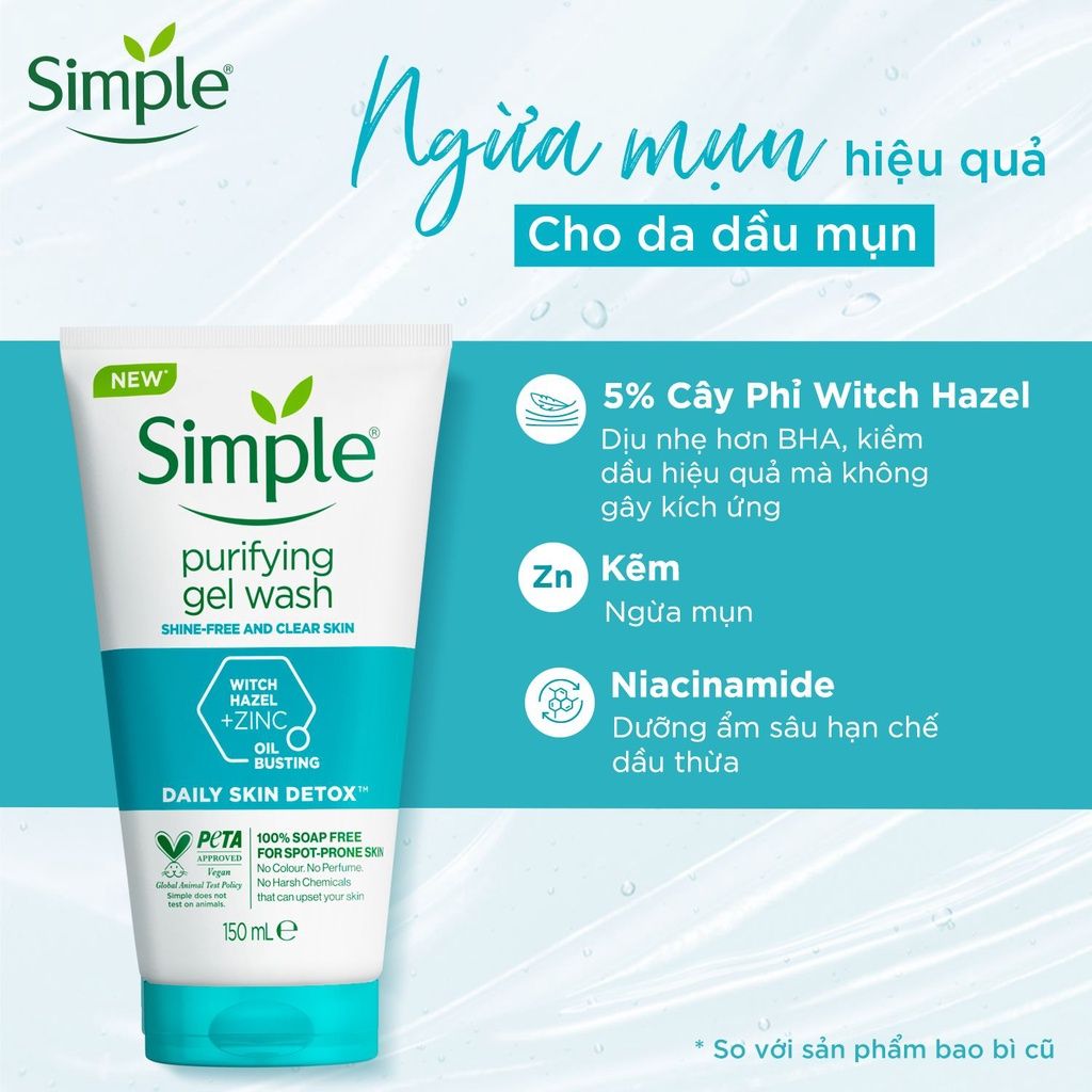 Gel Rửa Mặt Không Chứa Xà Phòng Kiềm Dầu, Ngừa Mụn Cho Da Nhạy Cảm Simple Purifying Gel Wash 150ml