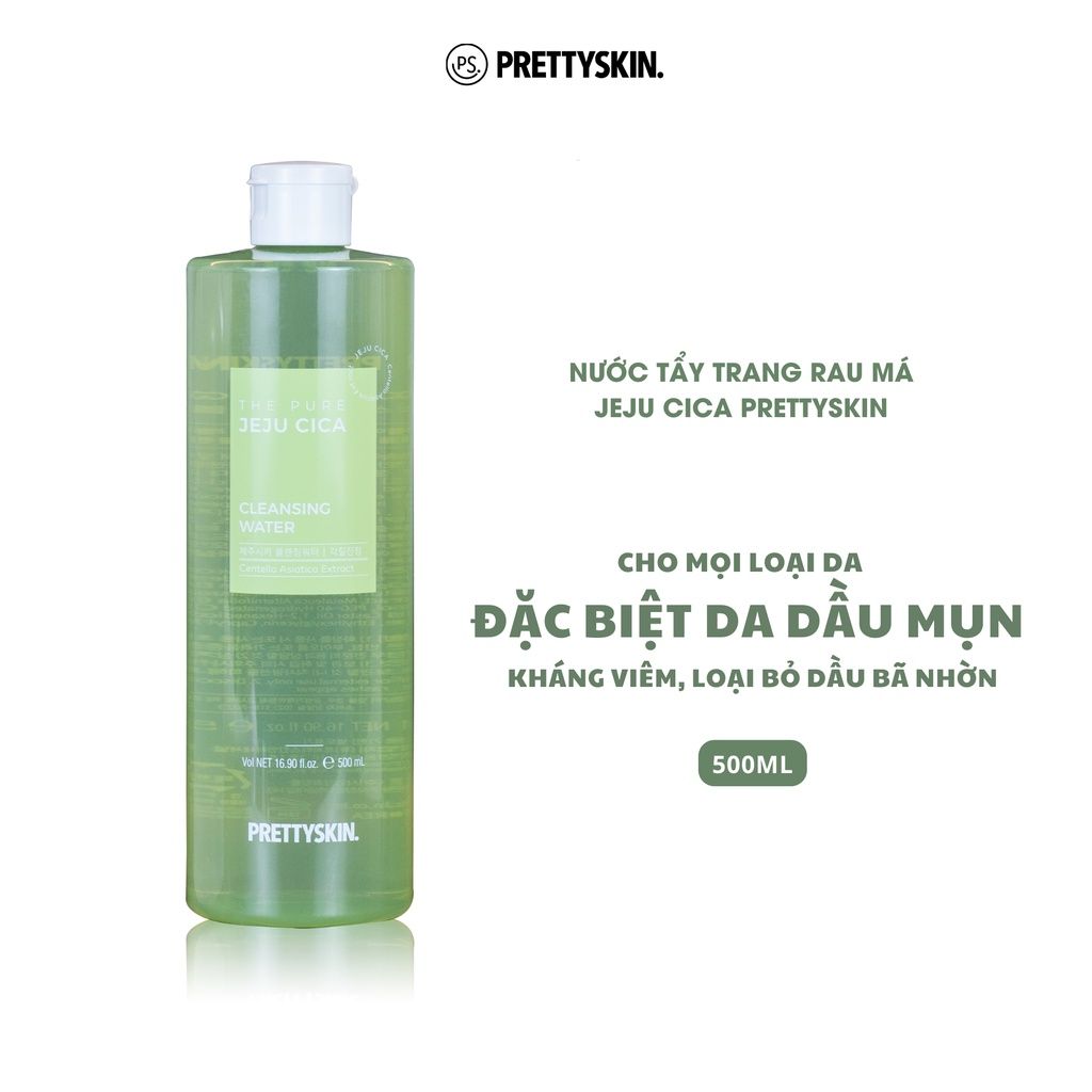 Nước Tẩy Trang Trị Mụn Chiết Xuất Rau Má PRETTYSKIN The Jeju Cica Cleansing Water 500ml