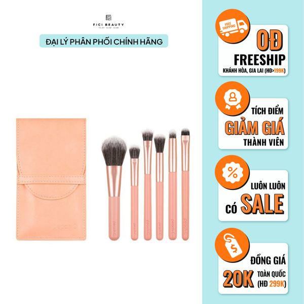 Bộ Cọ Trang Điểm Tiện Lợi 6 Món PEACH C Daily Make Up Brush Set Kèm Bao Da Màu CAM ĐÀO Siêu Xinh