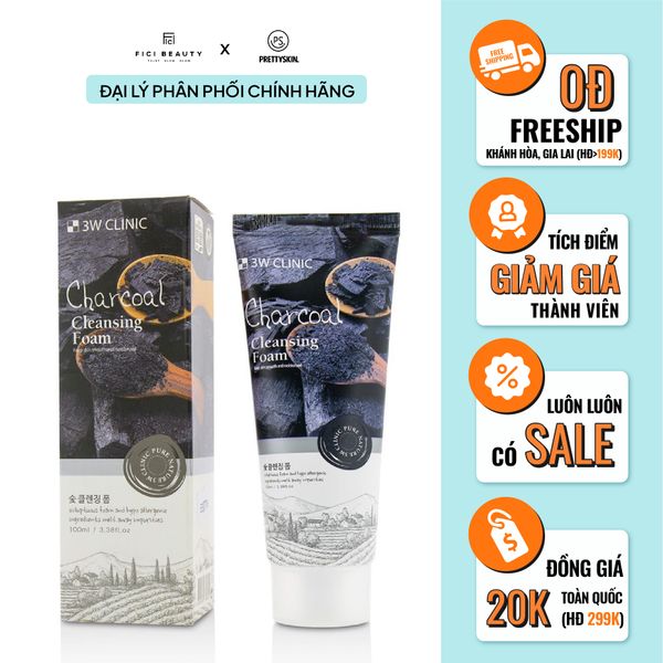 Sữa Rửa Mặt Chiết Xuất Than Hoạt Tính, Làm Sạch Sâu Bụi Bẩn, Bã Nhờn 3W Clinic Charcoal Cleansing Foam 100ml