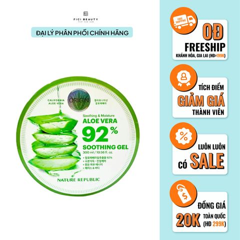 Gel Dưỡng Ẩm Chiết Xuất Lô Hội Cấp Ẩm & Làm Dịu Da Nature Republic Soothing & Moisture Aloe Vera 92% Soothing Gel 300ml
