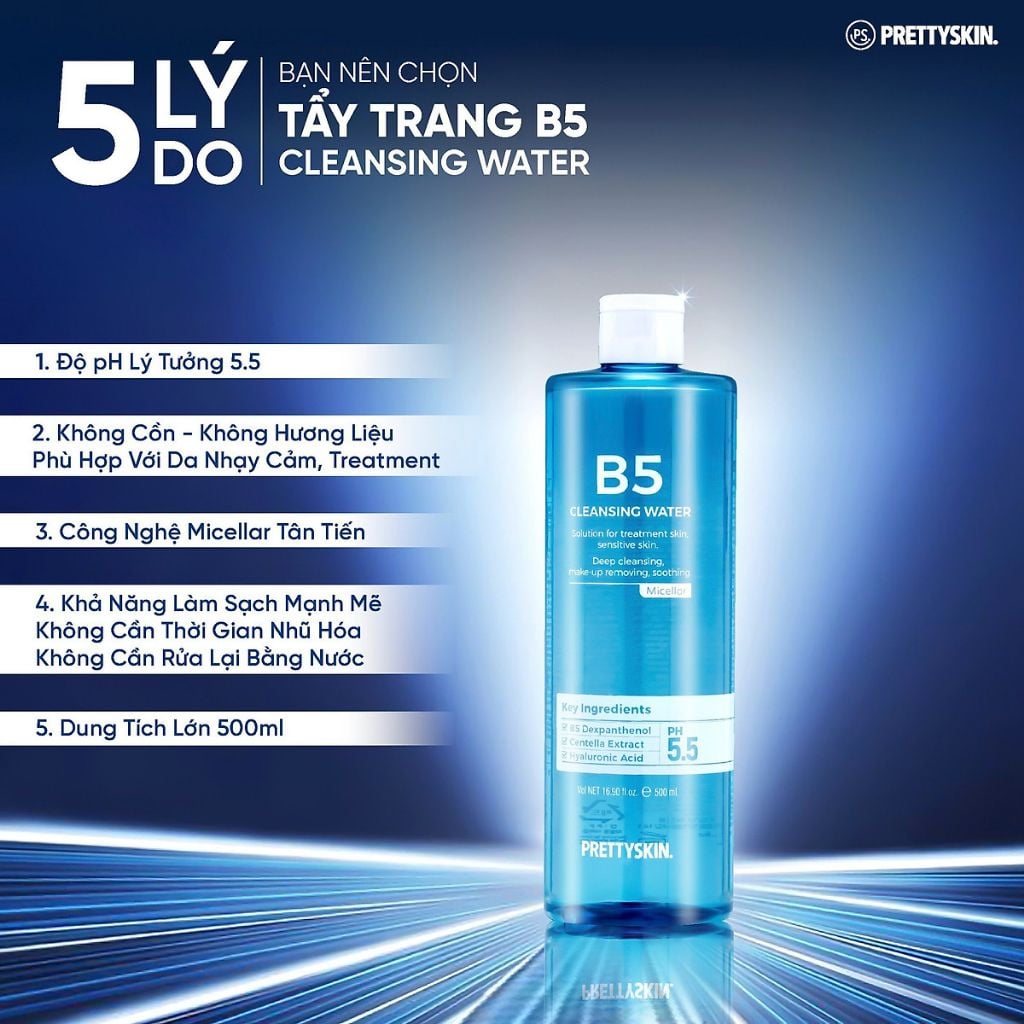 Nước Tẩy Trang Phục Hồi Cho Da Nhạy Cảm Pretty Skin B5 Cleansing Water 500ml
