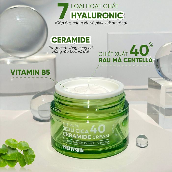 Kem Dưỡng Rau Má, Dưỡng Trắng PrettySkin The Pure Jeju Cica 40 Ceramide Cream 50ml