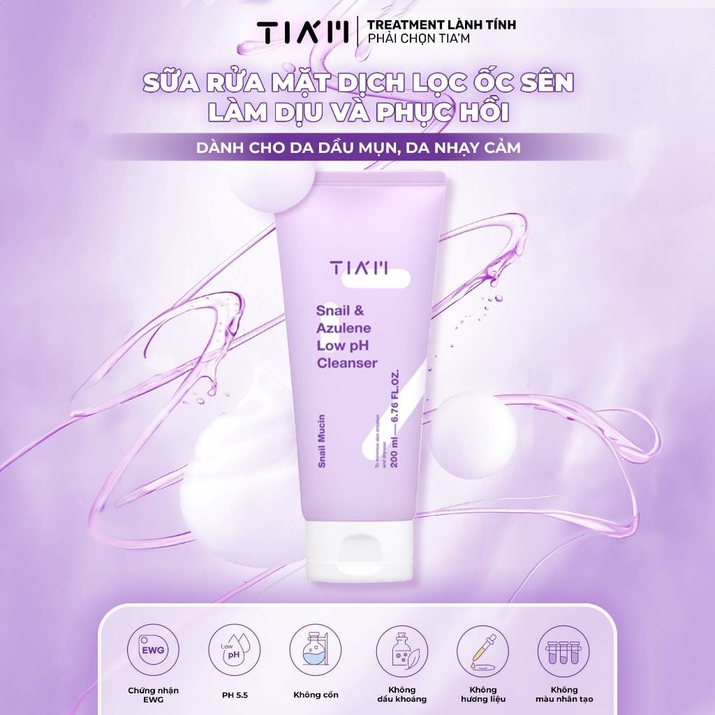Sữa Rửa Mặt Tia'm Snail & Azulene Low PH Cleanser 200ml
