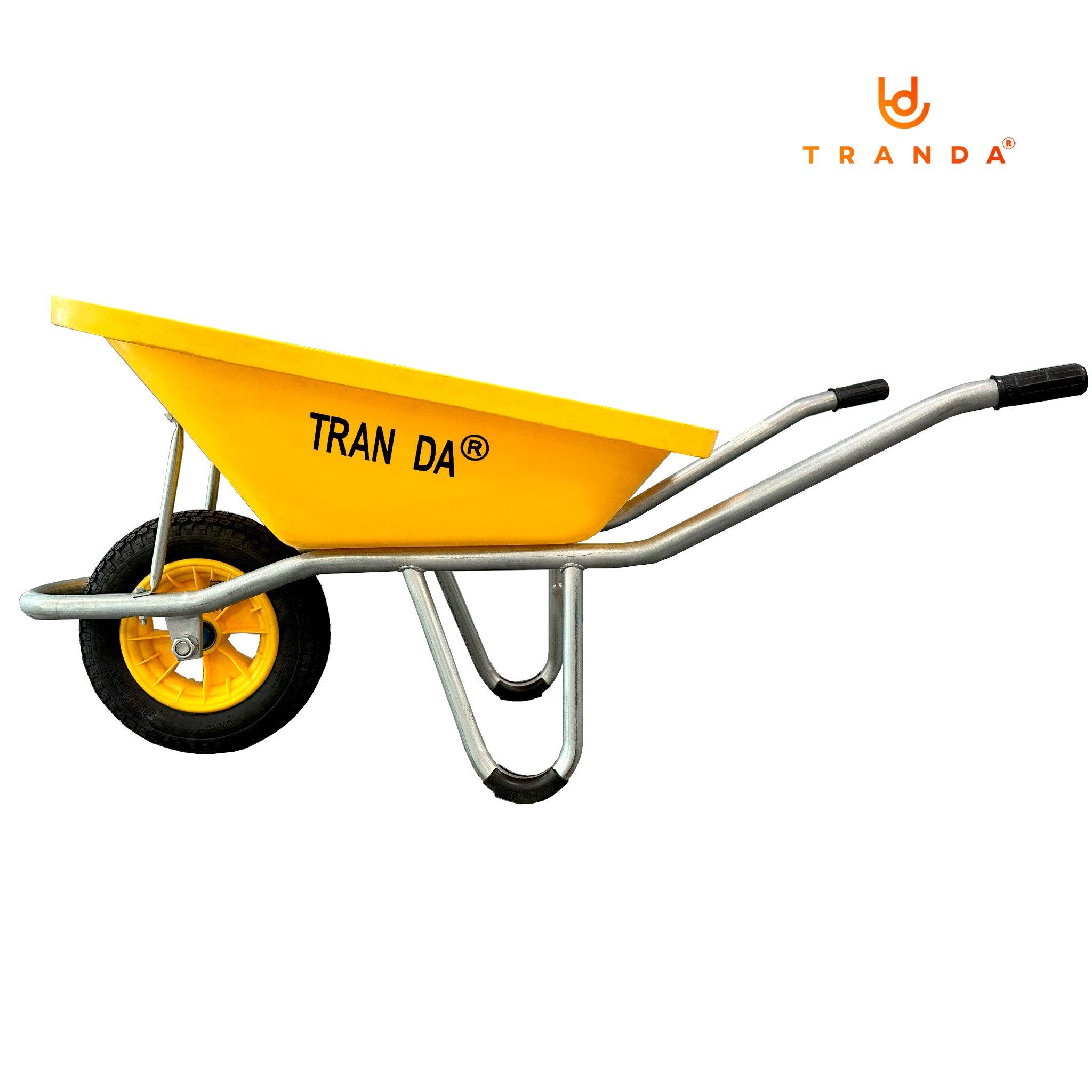  Xe rùa thùng nhựa vàng, sườn mạ kẽm, bánh hơi mâm nhựa 3.50-8, tải trọng 180 Kg 