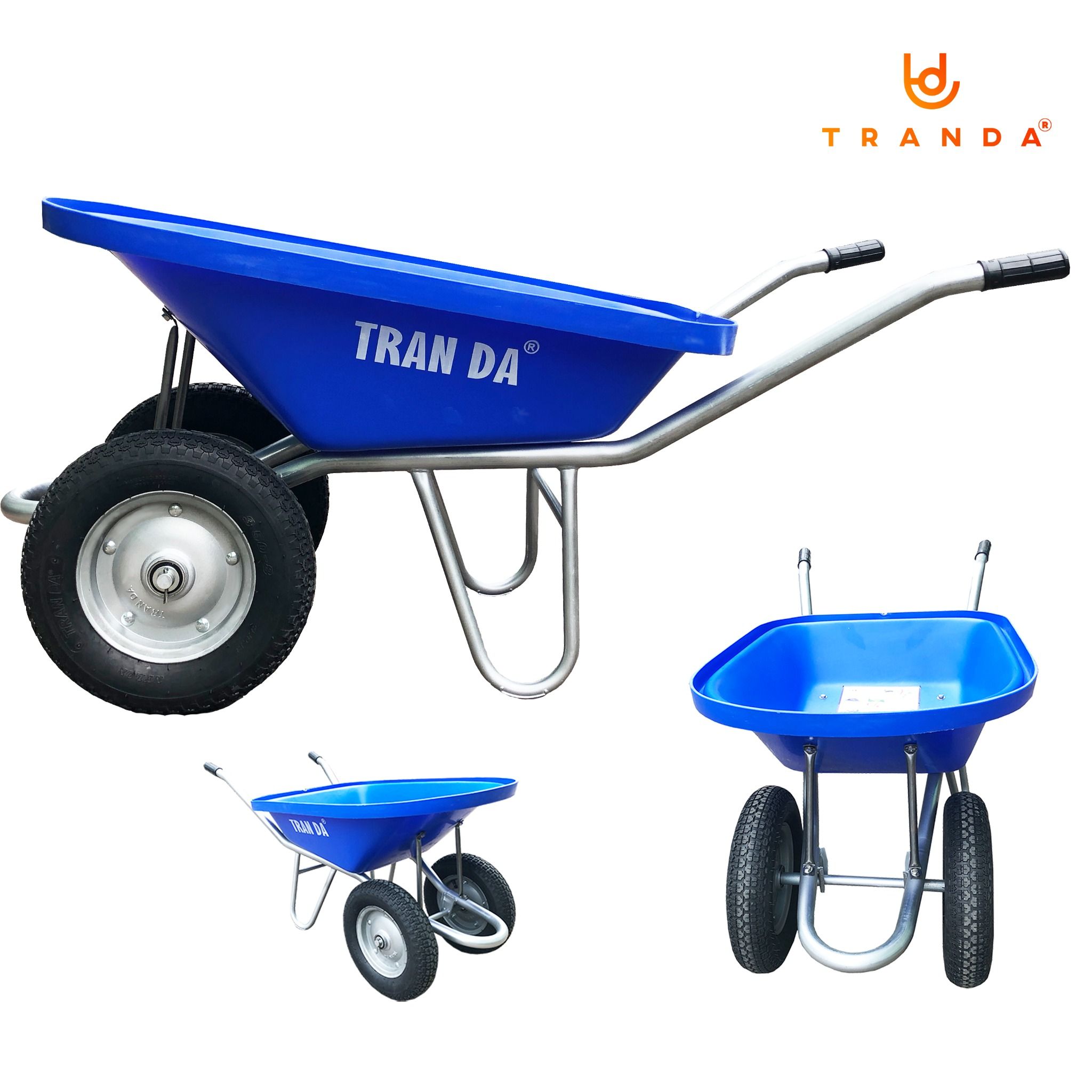  Xe rùa thùng nhựa xanh dương, sườn mạ kẽm, 2 bánh hơi 3.50-8, tải trọng 180 Kg 