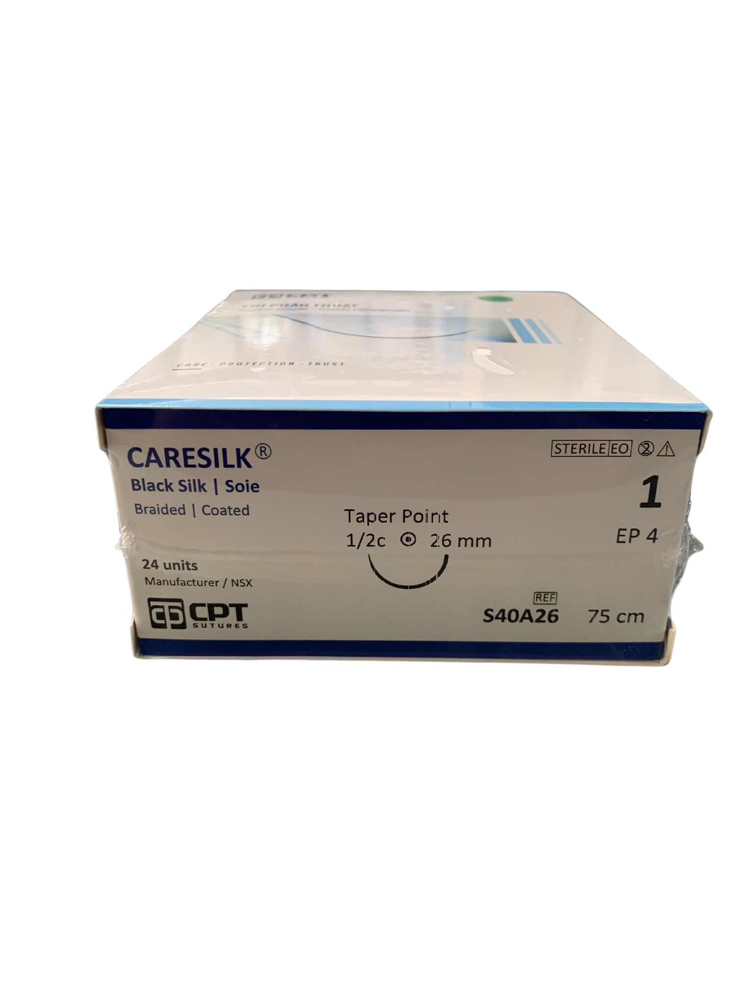  CHỈ PHẪU THUẬT KHÔNG TIÊU CPT CARESILK SILK số 1 - S40A26 (hộp 24 tép) 