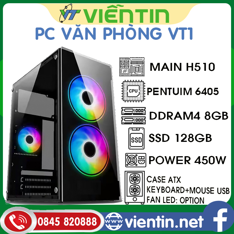 Máy tính để bàn PC Văn Phòng VT1 (Main H510, CPU G6405, DDR4 8GB, SSD128GB, PSU 450W, CASE, KEY MOUSE)