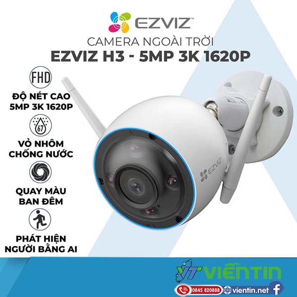 Camera Wi-Fi không dây ngoài trời EZVIZ H3 3K (5MP), phát hiện con người