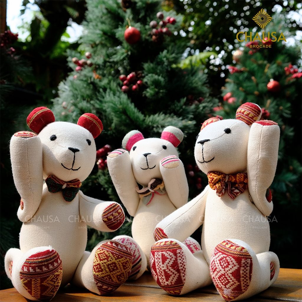 Thú Nhồi Bông Thổ Cẩm Handmade CHAUSA Brocade - GẤU XOAY TAY thổ cẩm thủ công,đồ chơi thú nhồi bông quà noel, giáng sinh