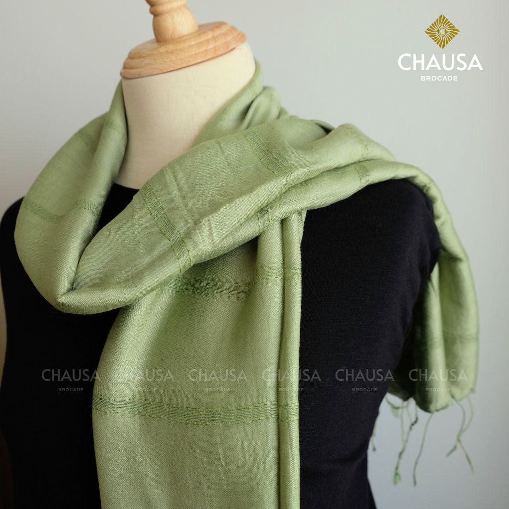 Khăn Choàng Lụa 70% Tơ Tằm tone Xanh Lá handmade - From CHAUSA Brocade Thổ Cẩm dân tộc Thái, Tây Bắc