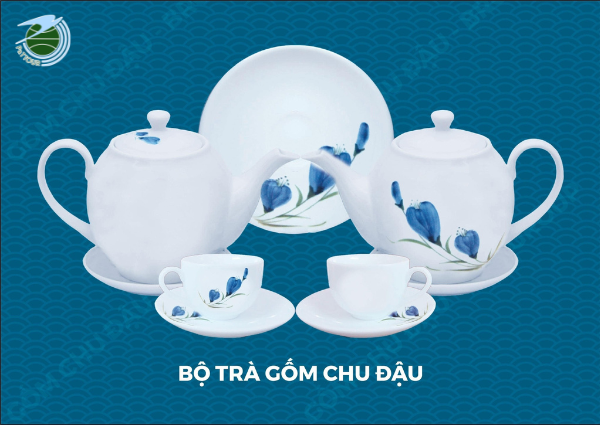  Bộ ấm trà sứ vẽ hoa xanh 