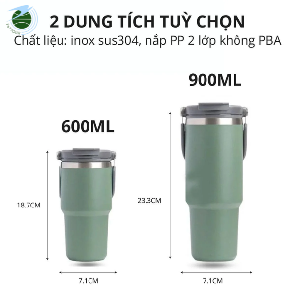  Ly Giữ Nhiệt inox 304 không gỉ sét kèm quai xách và ống hút Mishio size 600ml và 900ml 