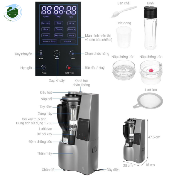  Máy làm sữa hạt và Xay Chân Không Mishio MK307 800W 1.75L 