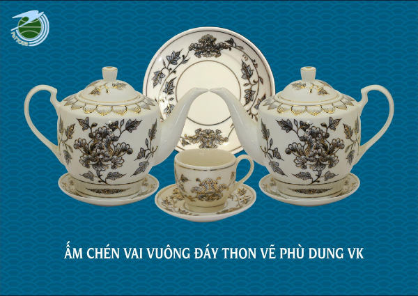  Bộ ấm chén trà vai vuông đáy thon vẽ phù dung 