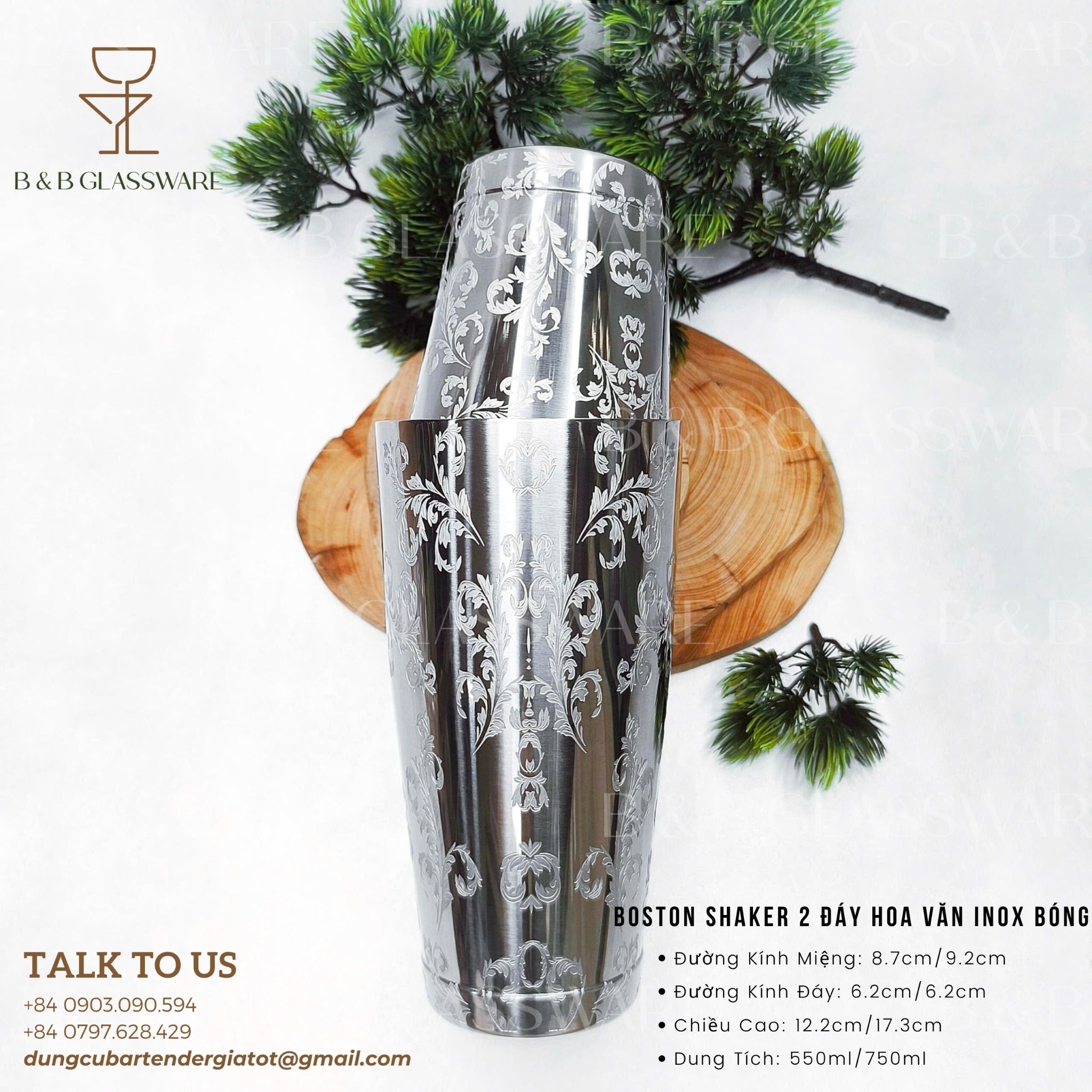 Bộ Boston Shaker 2 Đáy Hoa Văn Inox Bóng 