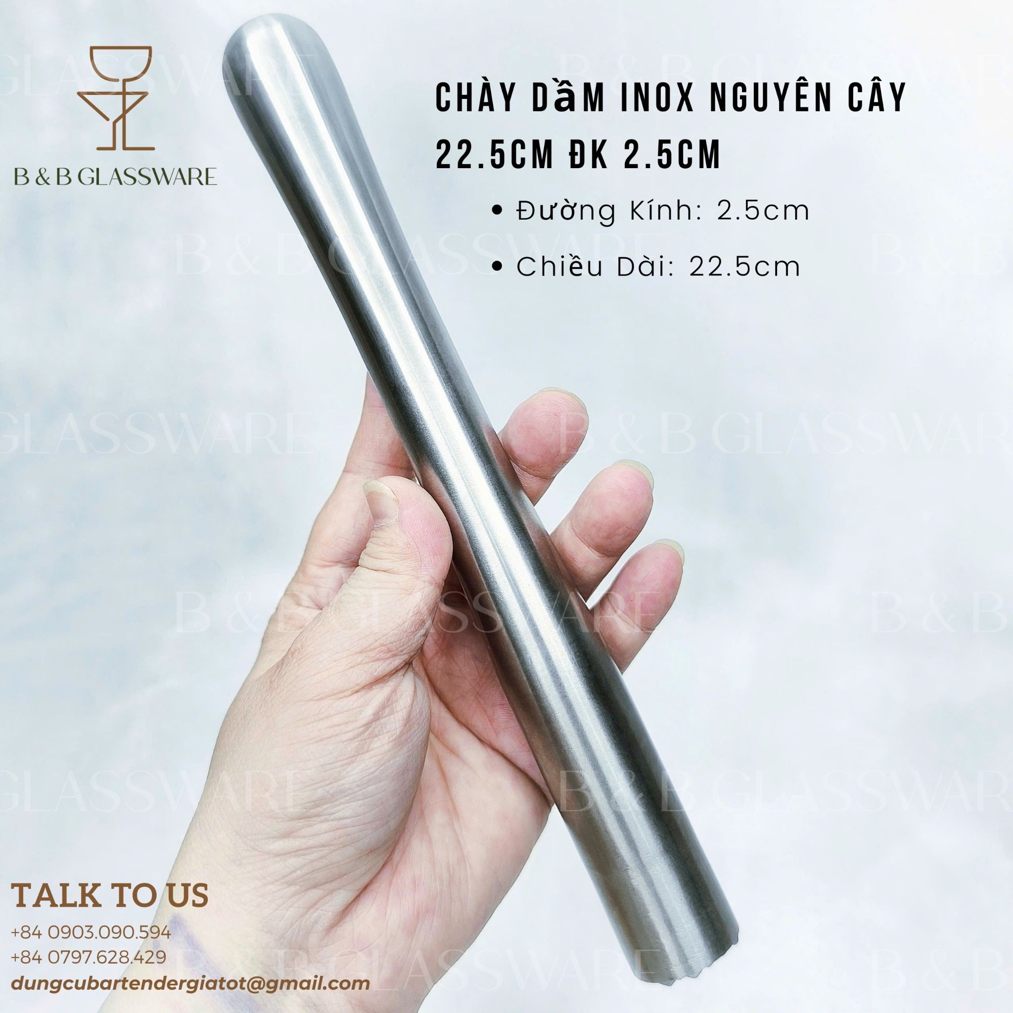  Muddler Inox / Chày Dầm Inox Nguyên Cây 22.5cm Đk 2.5cm 