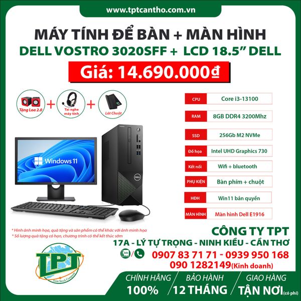 Máy tính để bàn Dell Vostro 3020 SFF (i3-13100/ Intel B660/ 8GB/512GB SSD/ Intel UHD Graphics 770/ Windows 11 Home) + LCD Dell E1916