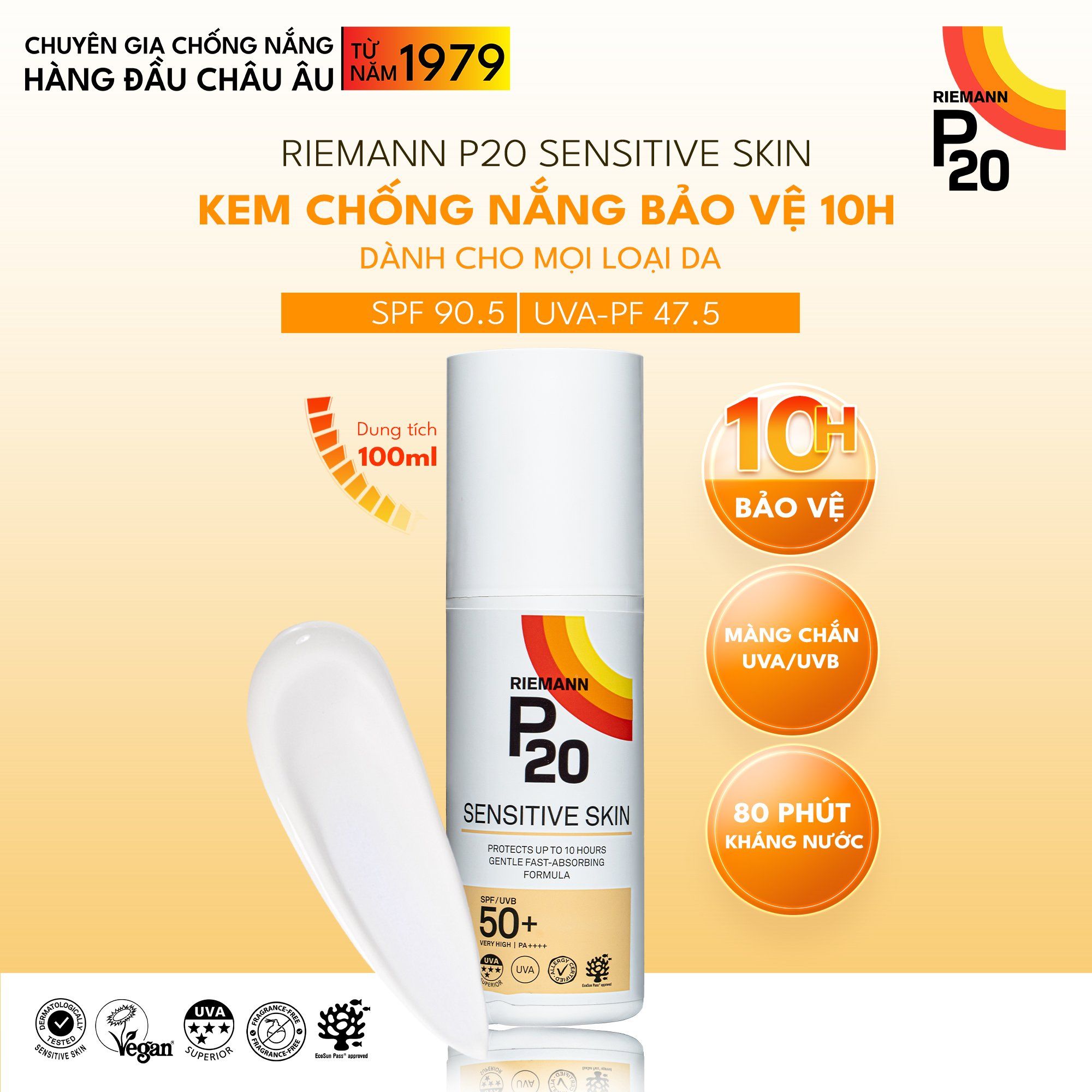  Kem chống nắng phổ rộng Riemann P20 Sensitive Skin SPF 50+ PA ++++ 100ml dành cho mọi loại da 