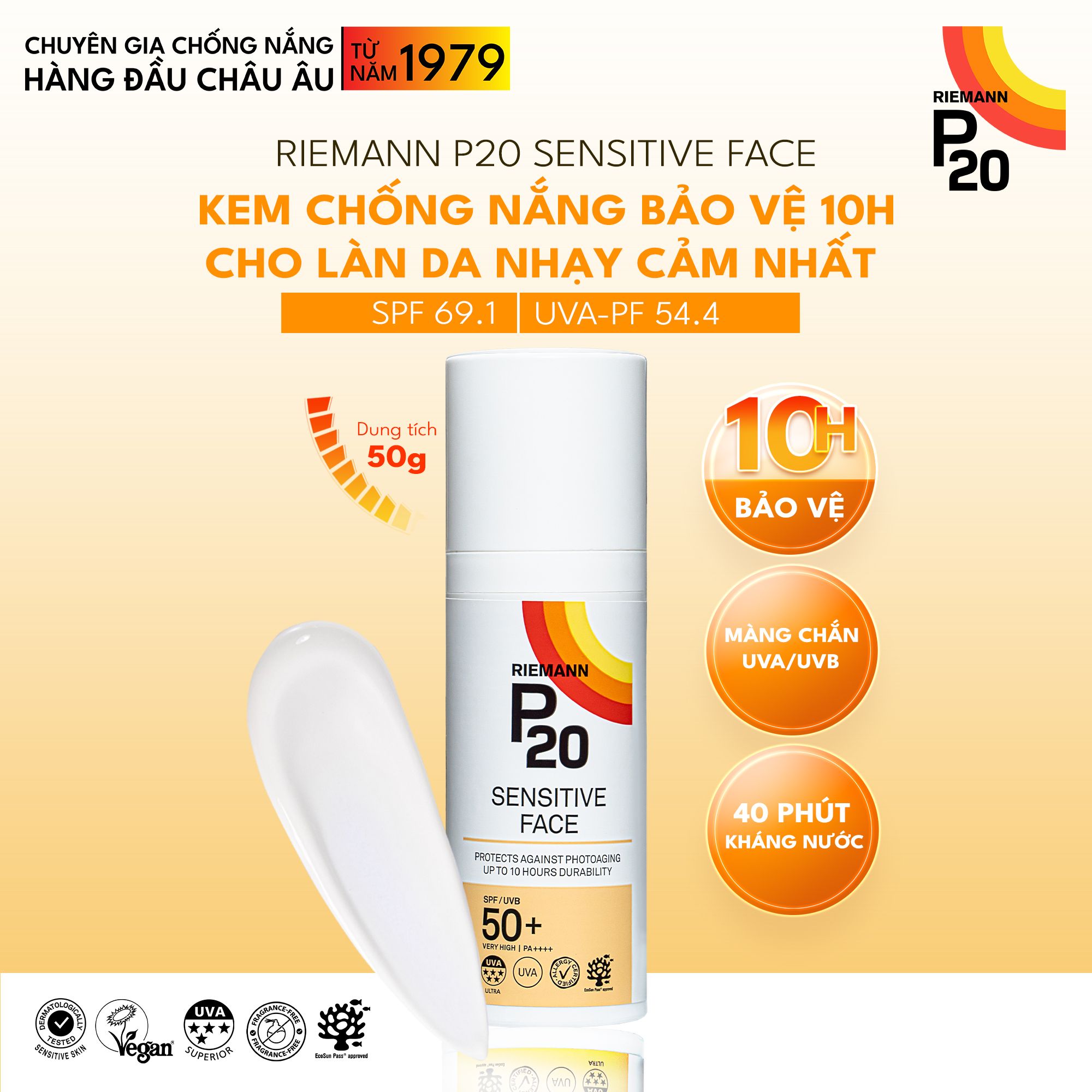  Kem chống nắng phổ rộng Riemann P20 Sensitive Face SPF 50+ PA ++++ dành cho da nhạy cảm 50g 