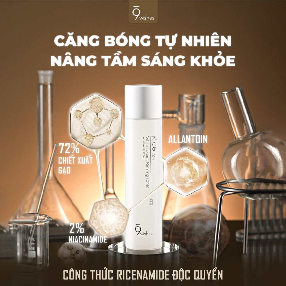 9 Wishes Nước hoa hồng Rice 72% White Lucent Refining Toner 150ml 