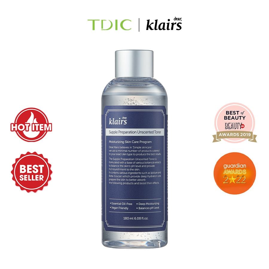  Dear, Klairs Nước hoa hồng Supple Preparation Unscented Toner 180ml 