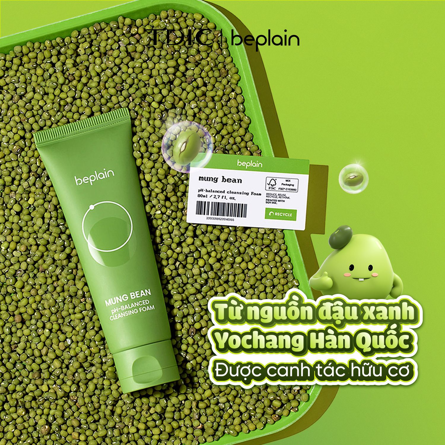  BEPLAIN Sữa Rửa Mặt Sạch Sâu Dịu Nhẹ Mung Bean pH-Balanced Cleansing Foam 160ml 