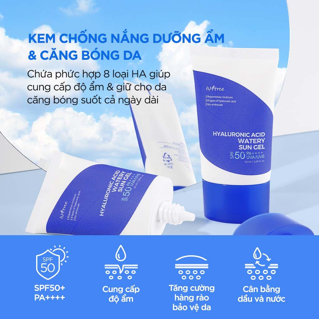  Kem chống nắng hóa học dưỡng ẩm mỏng nhẹ Isntree Hyaluronic Acid Watery Sun Gel 50ml 