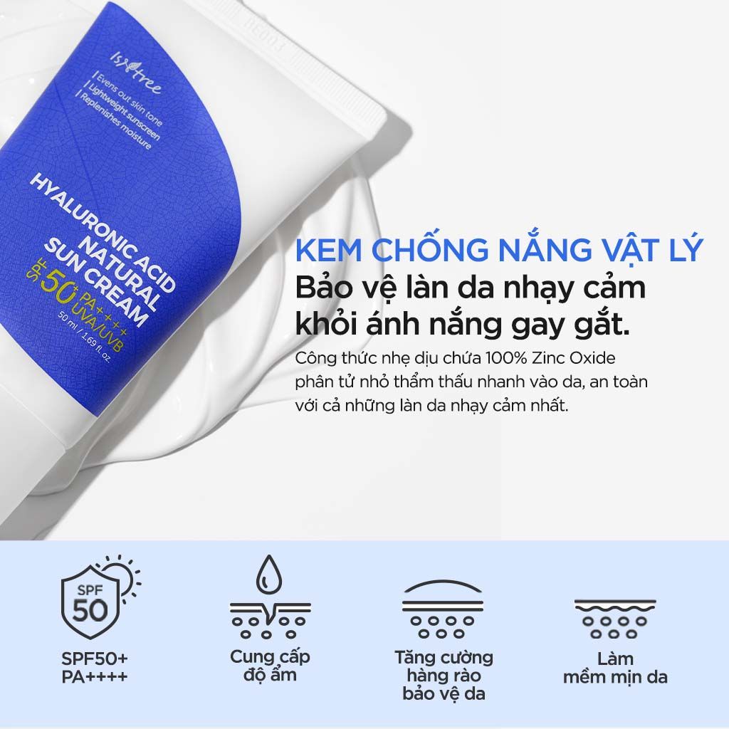  Kem chống nắng vật lý nâng tone nhẹ nhàng Isntree Hyaluronic Acid Natural Sun Cream 50ml 