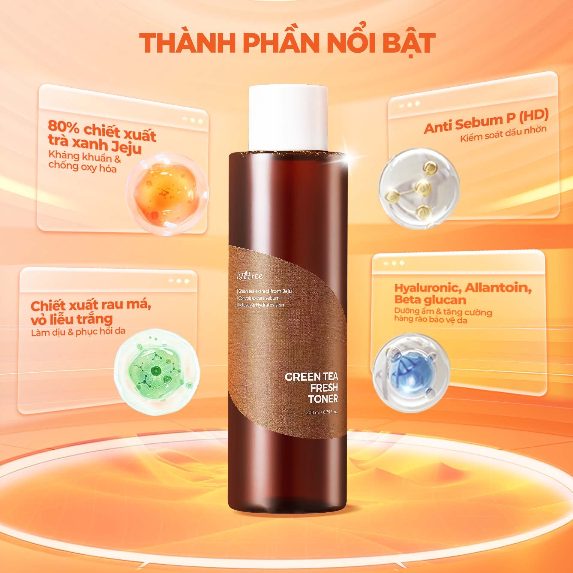  Nước hoa hồng Trà Xanh kiểm soát dầu nhờn và làm dịu Isntree Green Tea Fresh Toner 200ml 