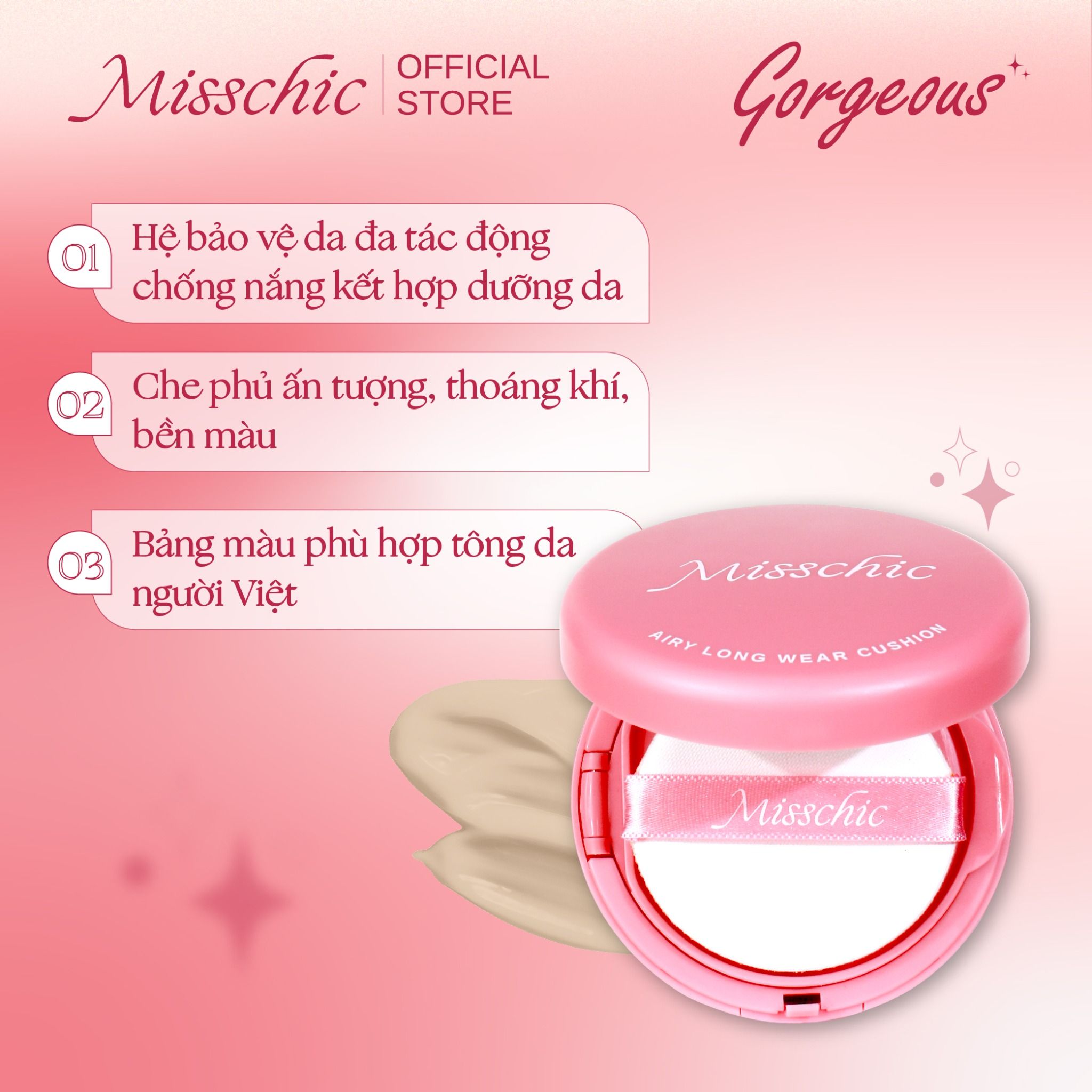  Misschic Phấn Nước Gorgeous Airy Long Wear Cushion 13g 02. Medium Beige 