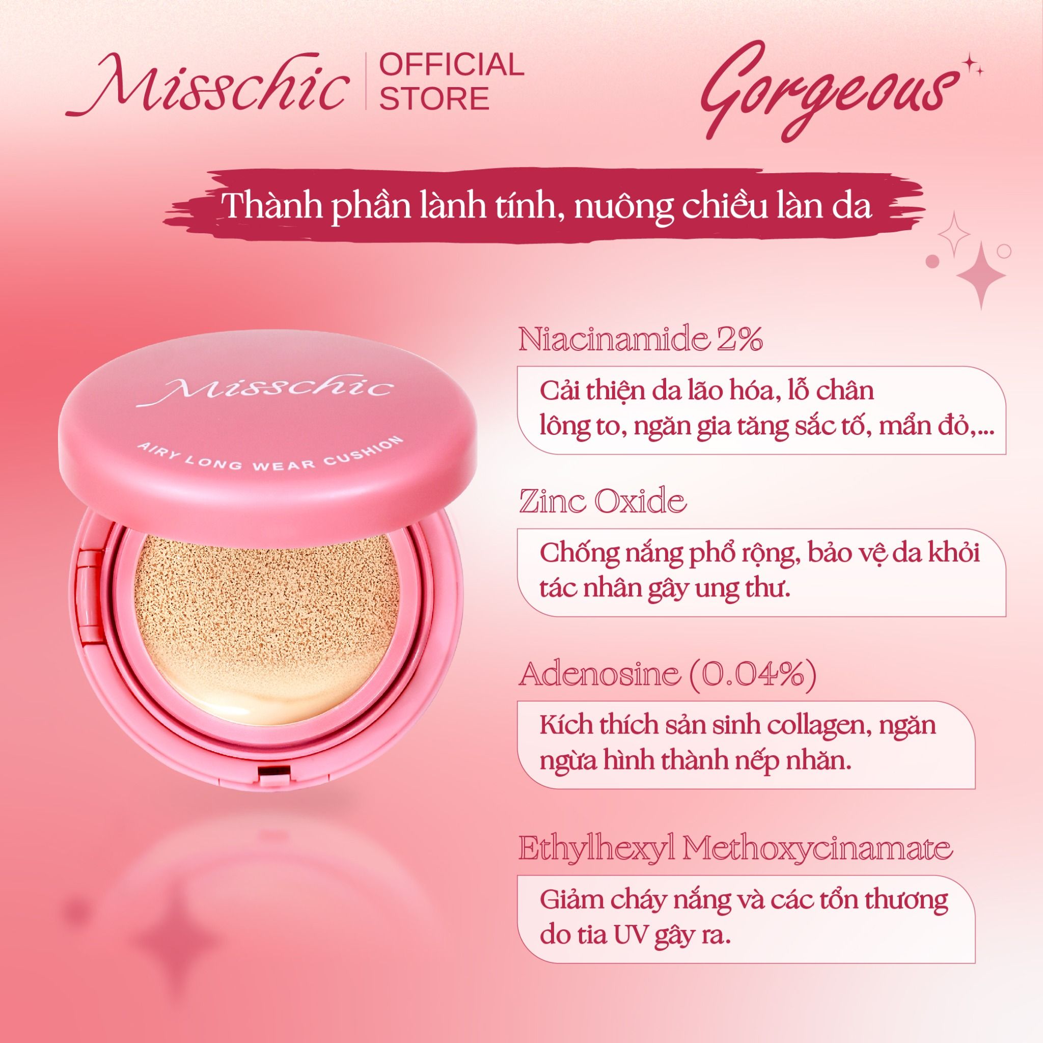  Misschic Phấn Nước Gorgeous Airy Long Wear Cushion 13g 01. Light Beige 