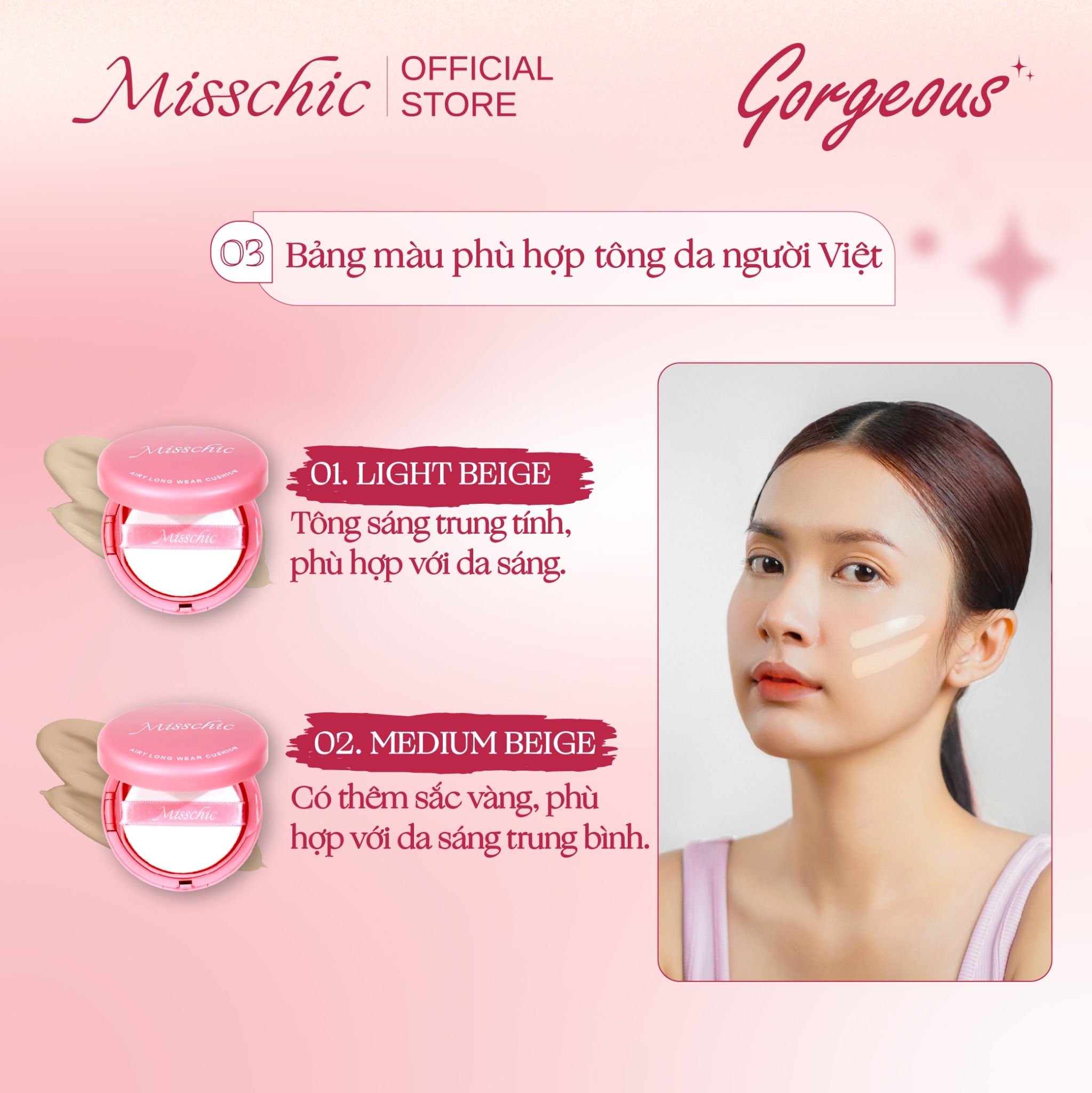  Misschic Phấn Nước Gorgeous Airy Long Wear Cushion 13g 02. Medium Beige 