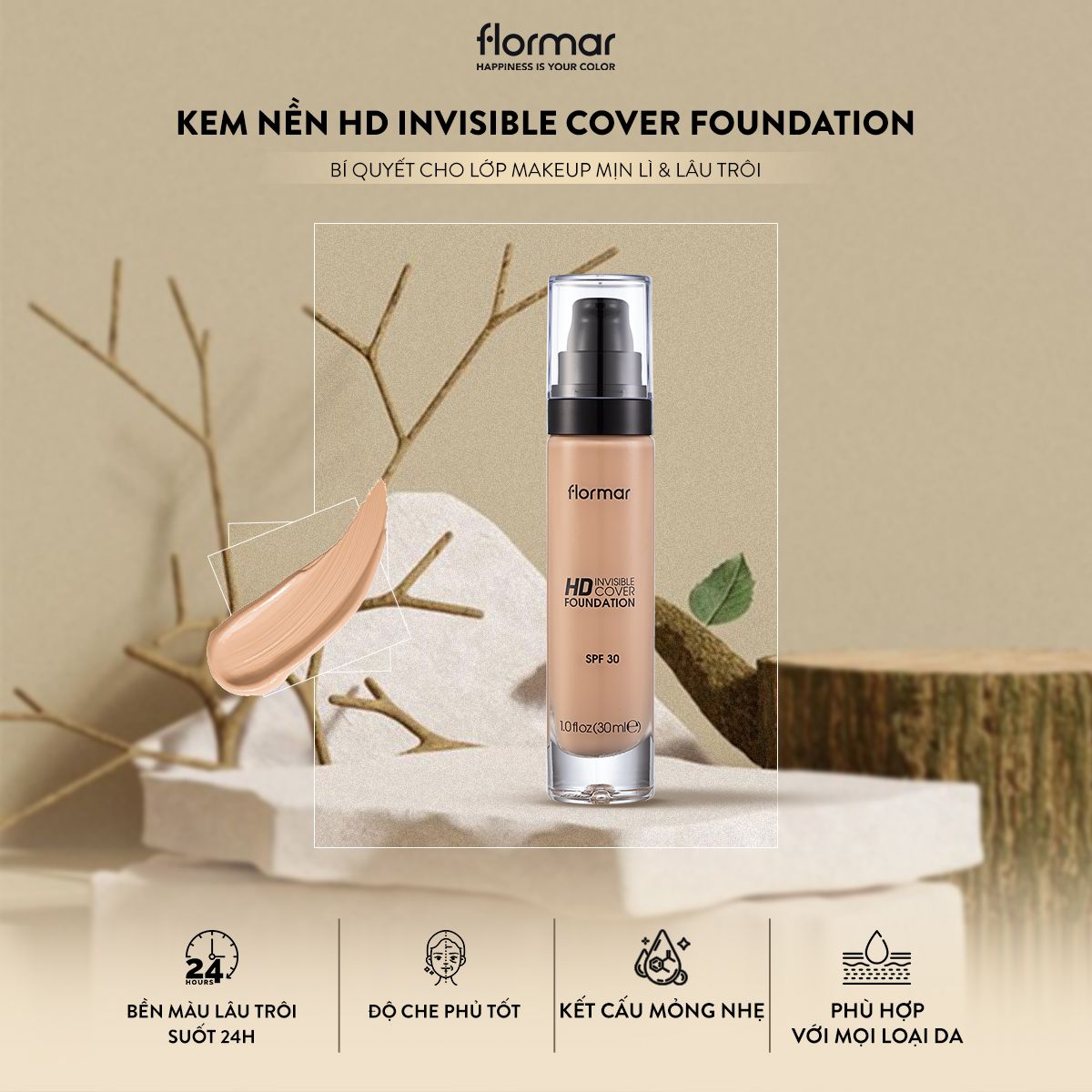  Flormar Kem nền HD Invisible Cover Foundation #40 Light Ivory 30ml 