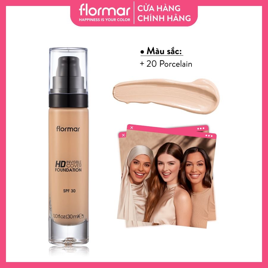  Flormar Kem nền HD Invisible Cover Foundation #20 Porcelain 30ml 