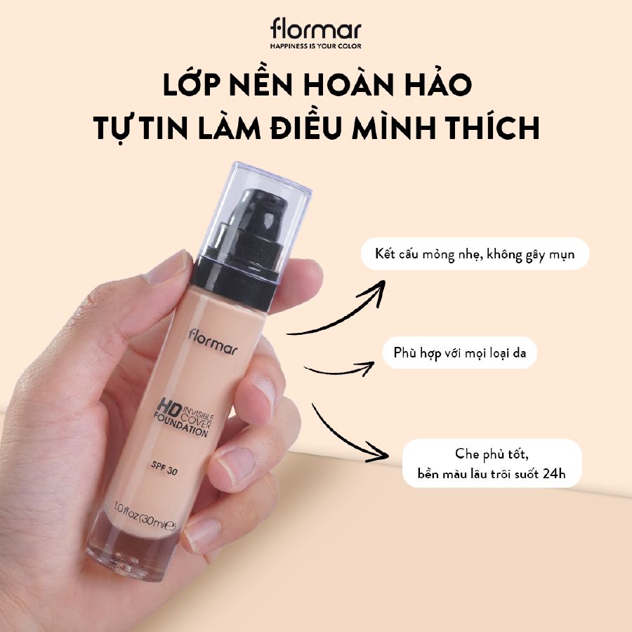  Flormar Kem nền HD Invisible Cover Foundation #40 Light Ivory 30ml 