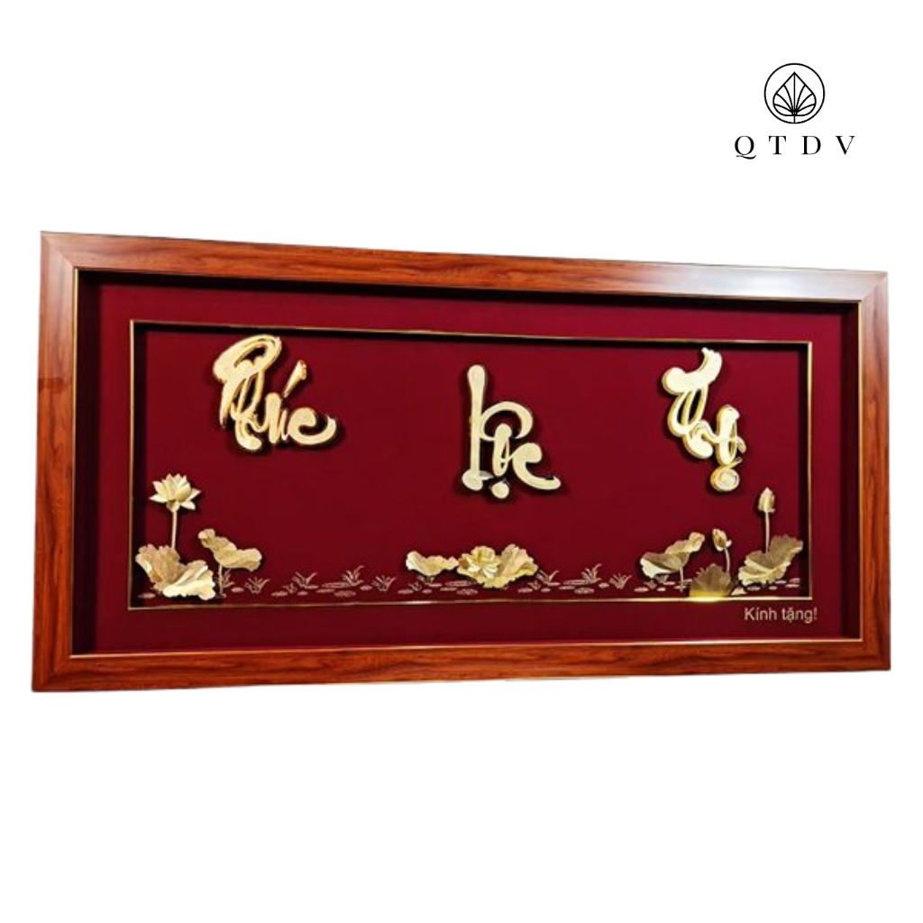 Tranh Chữ Phúc Lộc Thọ hoa sen dát vàng 24k