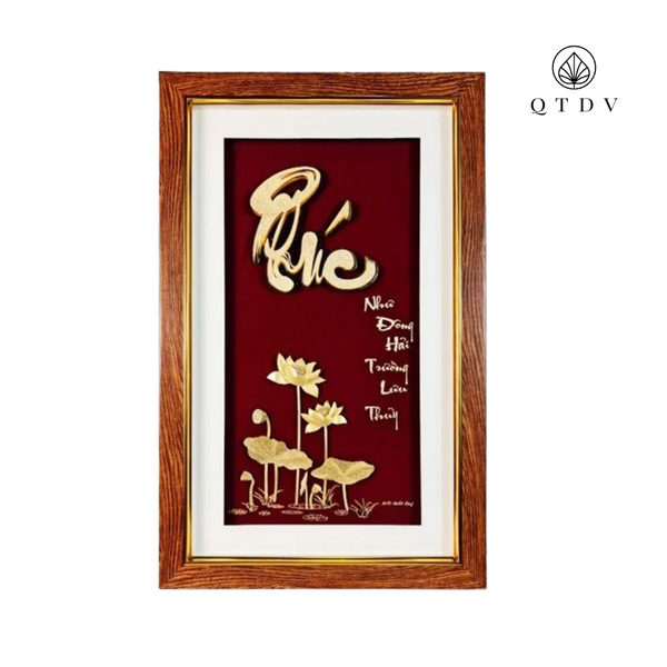 Tranh Chữ Phúc Hoa Sen dát vàng 24k