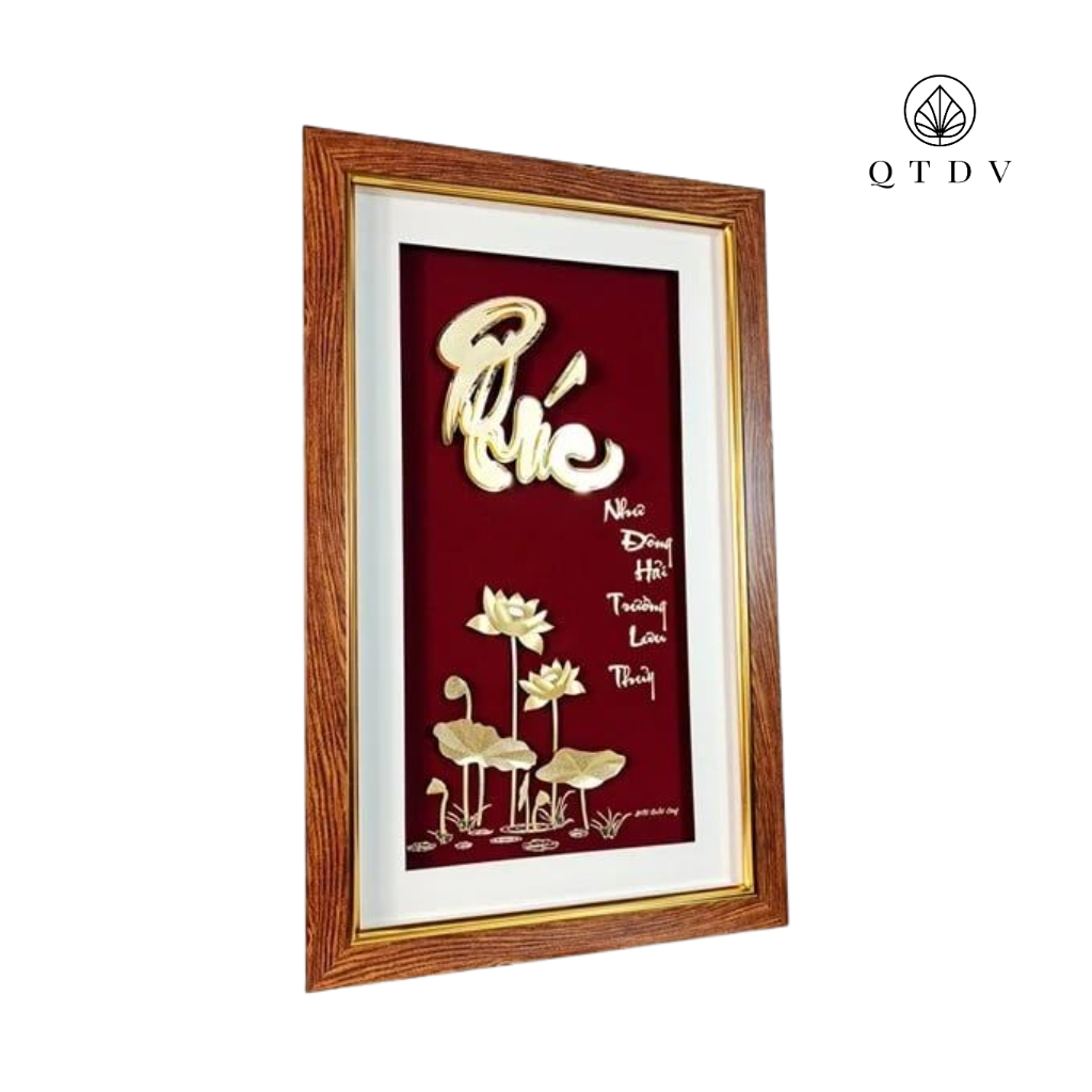 Tranh Chữ Phúc Hoa Sen dát vàng 24k