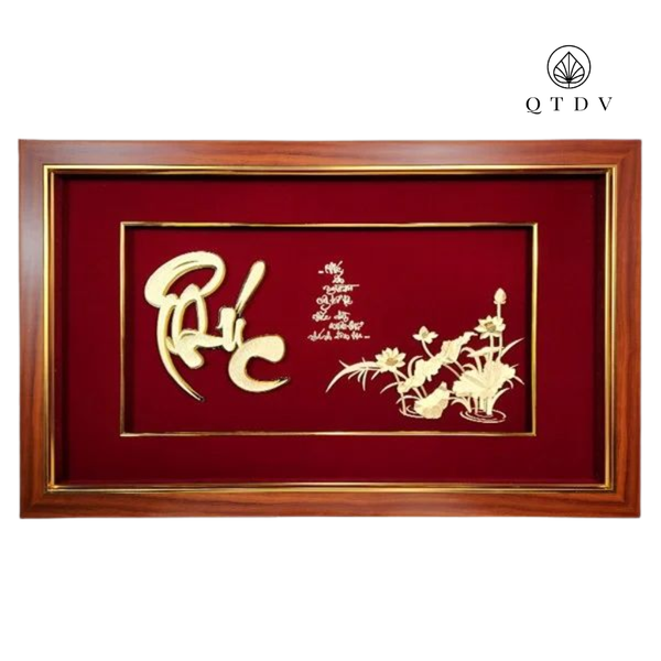 Tranh Chữ Phúc Hoa Sen dát vàng 24k