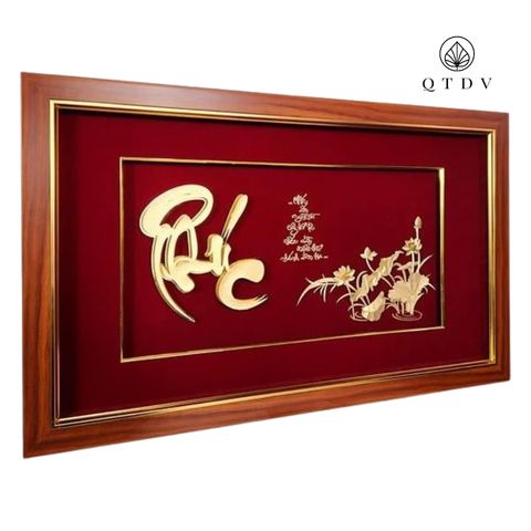 Tranh Chữ Phúc Hoa Sen dát vàng 24k