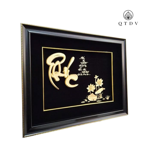Tranh Chữ Phúc Hoa Sen dát vàng 24k