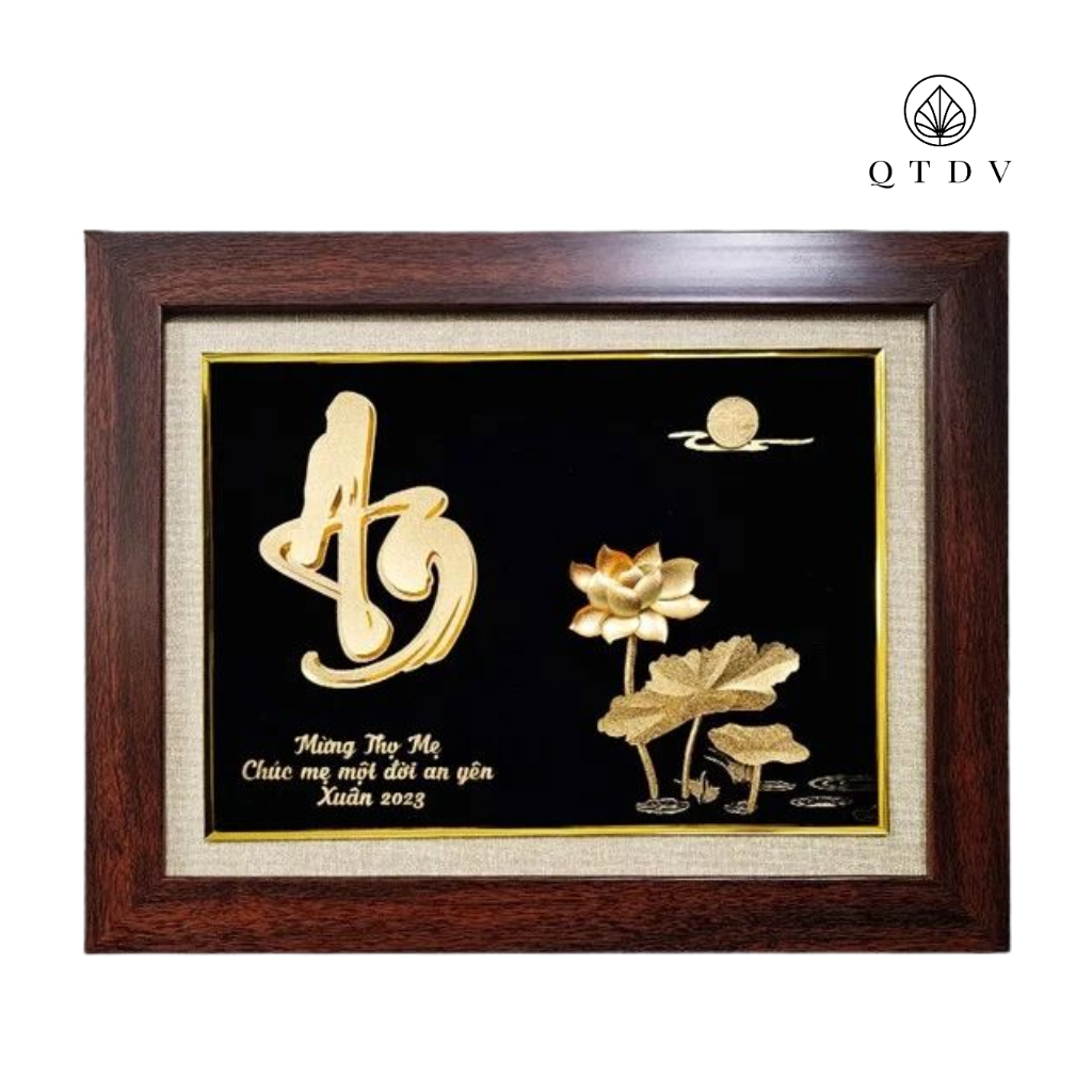 Tranh Chữ An Hoa Sen dát vàng 24k