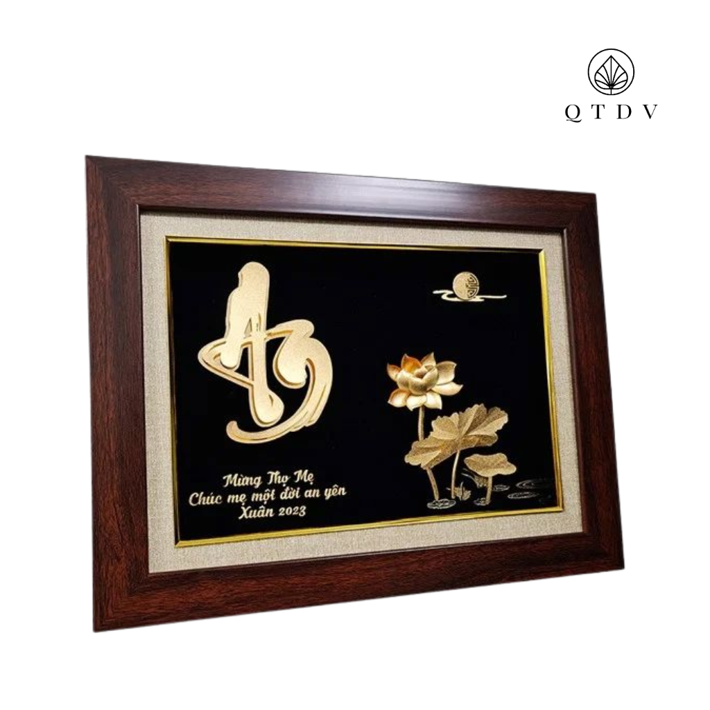 Tranh Chữ An Hoa Sen dát vàng 24k