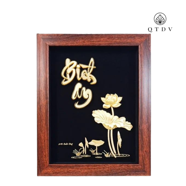 Tranh Chữ Bình An Hoa Sen dát vàng 24k