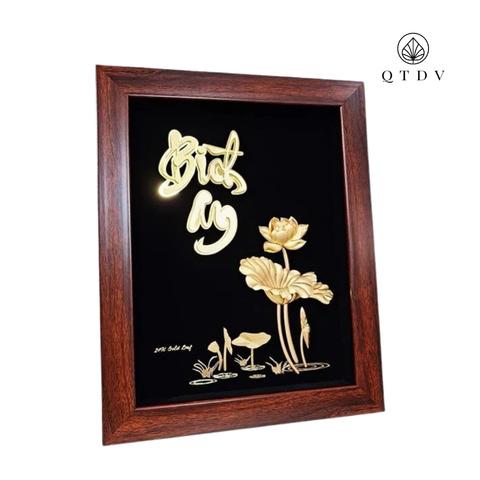 Tranh Chữ Bình An Hoa Sen dát vàng 24k