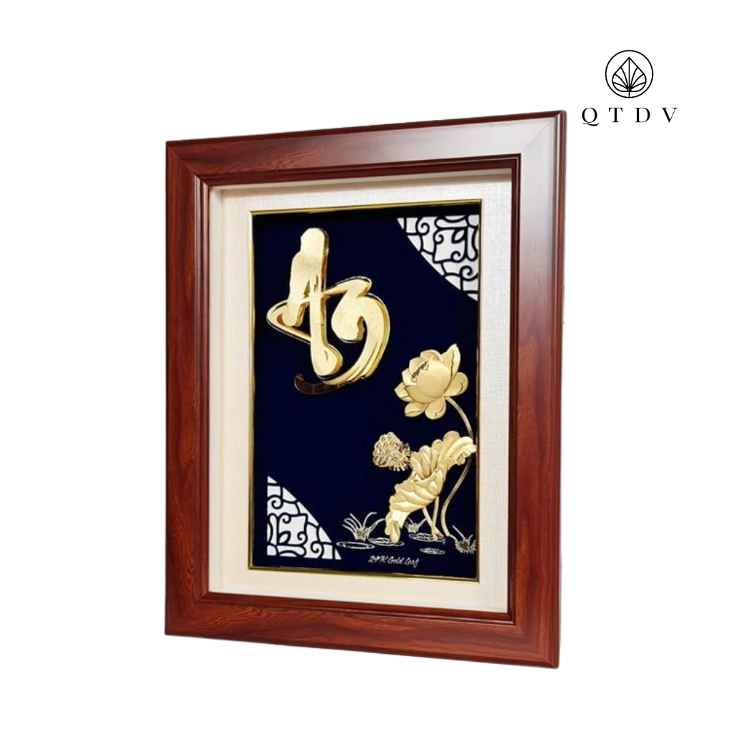 Tranh Chữ An Hoa Sen dát vàng 24k