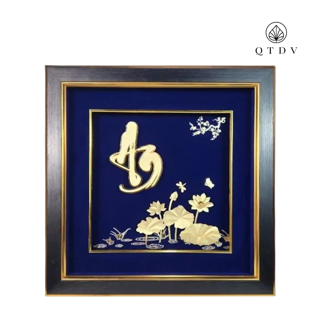 Tranh Chữ An Hoa Sen dát vàng 24k